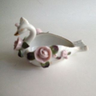Swan Small Planter Trinket Dish Applied Pink Roses Ucagco China 5 