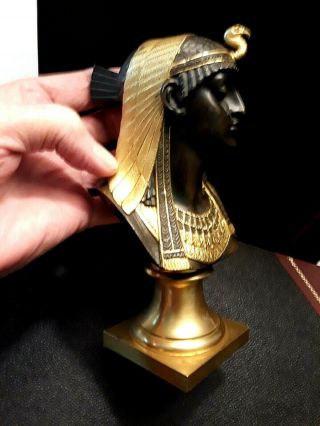 Vintage Solid Cast Bronze Bust Of Cleopatra.  Gold Wash Details.  7 1/8 " Tall