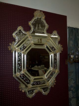 Vintage Venetian Murano Italy Blown Glass Etched Floral Design Octagonal Mirror