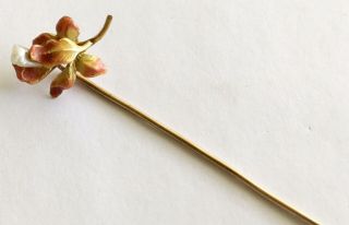 Antique Art Nouveau 10k Stick Pin With Enamel Flower And Pearl 3