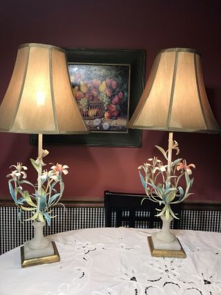 Pair Italian Alabaster Toleware Art Lamp Multicolored Metal Flowers Vtg 1960s