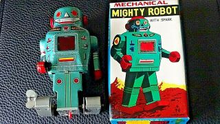 Mighty Robot W/ Sparks Vintage Made In Japan Tin Mechanical Wind - Up Toy