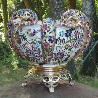 Hungarian Porcelain Antique Fischer J.  Budapest Planter Bowl 1880s