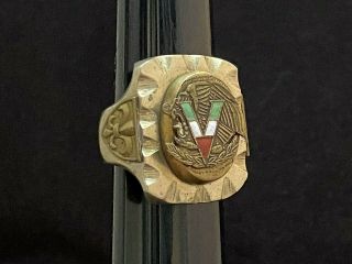 Vintage 1950s Mexican Biker Ring Green White Red Enamel Victory V Size 12 Nr
