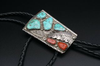 Wayne Cheama Vintage Zuni Turquoise Red Coral Sterling Silver Bolo Tie M921
