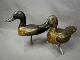 Interesting High Head Teal Duck Decoys W/ Hanging Weights,  Carved Eyes