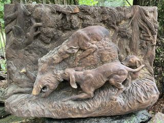 Antique Black Forest Wood Carving Hunting Dogs Boar German Wall Hanging 1