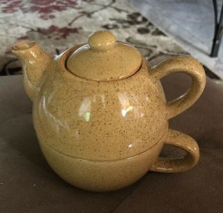 Pier 1 Imports Teapot Tea For One 3 Pc Set Lid And Cup Stack - Able Light Brown