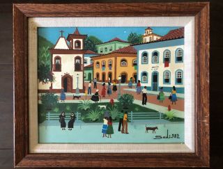 Vintage 1982 Brazilian Signed Outsider Folk Art Painting City Street Life Church