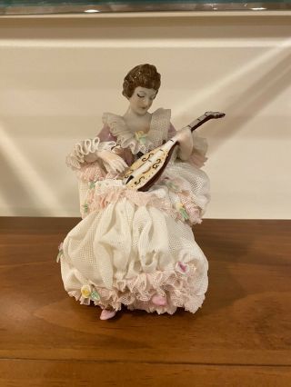 Antique Dresden Lace Porcelain Figure Lady Playing Mandolin