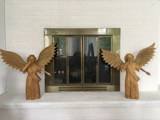 Large Carved Wood Angel Statues W/ Wings Spread Vintage Folk Art W 24”