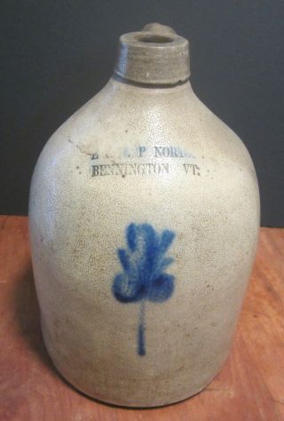 E&lp Norton Bennington Vt Stoneware 1 Gal.  Jug,  W/ Blue Leaf Design.  C 1861/81