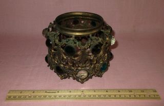Antique 19th C Brass Ormolu Glass Jeweled Metal Oil Parlor Lamp Fairy Shade