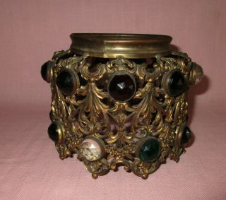 Antique 19th C Brass Ormolu Glass Jeweled Metal Oil Parlor Lamp Fairy Shade 2