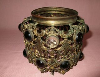 Antique 19th C Brass Ormolu Glass Jeweled Metal Oil Parlor Lamp Fairy Shade 3