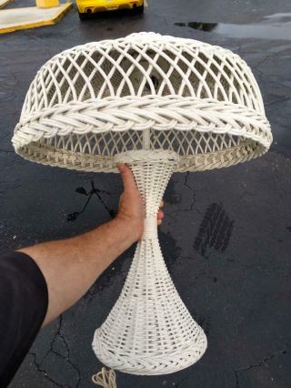 Vintage Antique Old White Wicker Table Lamp Light Fixture Base And Shade