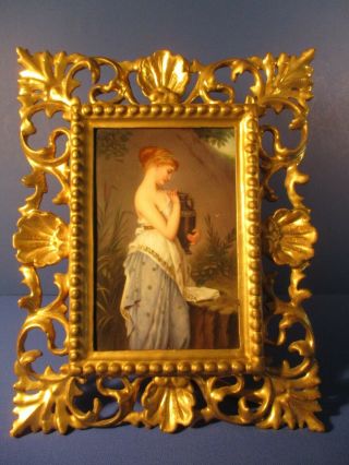 Antique Framed Portrait Of " Woman Holding Vessel " Porcelain Painting - Signed