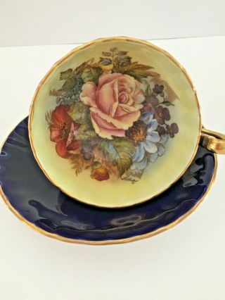 Aynsley J.  A.  Bailey Signed Hand Painted Gold Cabbage Rose Teacup And Saucer