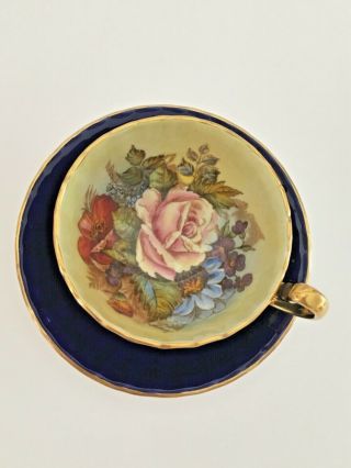 AYNSLEY J.  A.  BAILEY SIGNED HAND PAINTED GOLD CABBAGE ROSE TEACUP AND SAUCER 2
