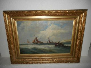 Very Old Oil Painting,  { Sailboats On A Rough Sea,  Great Frame }.  Is Antique
