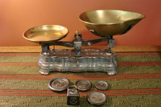 Antique French Scale " To Weigh 2 Lbs " Scales Vintage Brass Pans Weight Set