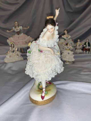 Antique German Dresden Lace Volkstedt Lady Ballerina Dancer Porcelain Figurine