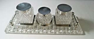 Vintage,  Cut - Crystal Glass,  Sterling Silver Lids,  Inkwells On Tray With Sterling