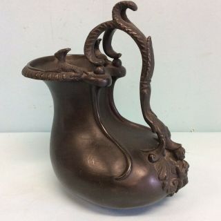 Grand Tour Bronze Askos Jug W/two Rams And A Foliage Handle 7” Tall