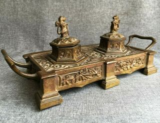Heavy Antique French Gothic Style Inkwell 19th Century Made Of Bronze Lions