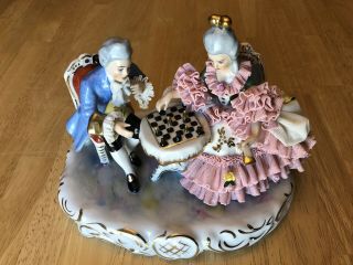 Rare Vintage Dresden Porcelain And Lace Figurine Of Couple Playing Chess