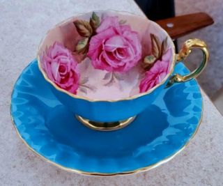 Fine Aynsley Turquoise Oban Footed Cup & Saucer W Large Pink Cabbage Roses C1031