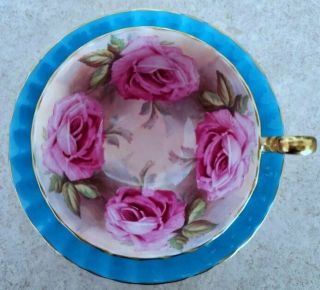 Fine Aynsley Turquoise Oban Footed Cup & Saucer w Large Pink Cabbage Roses C1031 2