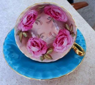 Fine Aynsley Turquoise Oban Footed Cup & Saucer w Large Pink Cabbage Roses C1031 3