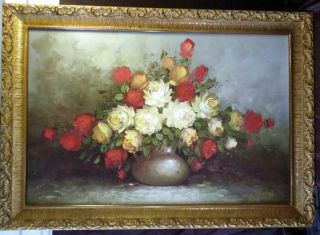 Large Floral Still Life Art Oil Painting Portrait Flowers Vase Framed Signed