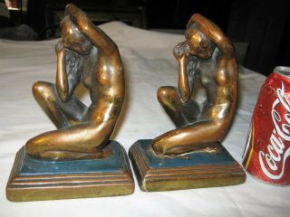 Antique Bronze Clad Usa Nude Lady Bust Art Deco Statue Sculpture Book Bookends