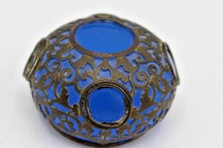 Antique French Palais Royal Opaline Blue Glass Paperweight W/ Metal Overlay 3 "