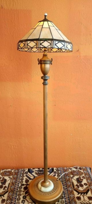 Antique Ornate Vintage Floor Lamp Tiffany Style Shade,  Brass Details