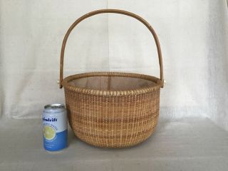 Vintage Nantucket Basket Large Round Wooden Swing Handle Lined Unsigned