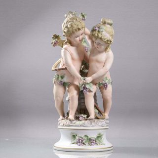 French Antique Art Nouveau Bisque Porcelain Boy &girl With Grapes Figurine 13.  5 "