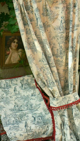 Ancien 2ème Rideau Tissu Toile De Jouy Xixéme / Vintage Fabric