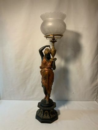 Maiden Basket Figural Gas Newel Post Lamp Fixture Gas With Crown Shade Rare