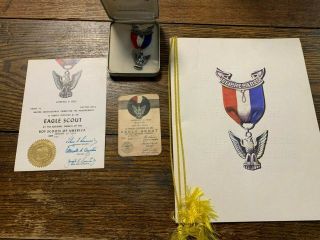 Vintage 1964 Bsa Boy Scout Sterling Eagle Scout Medal,  Card/certificate/program