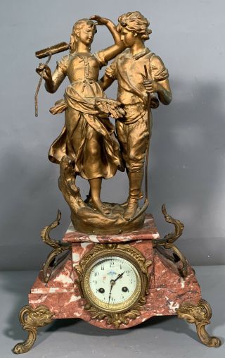Lg Antique Art Nouveau Era Marti Old French Figural Lady Man Marble Statue Clock