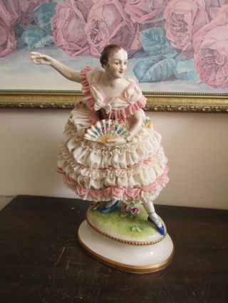 Antique Volkstedt Dresden Lace Germany Porcelain Figurine Dancing Girl 9.  5 "
