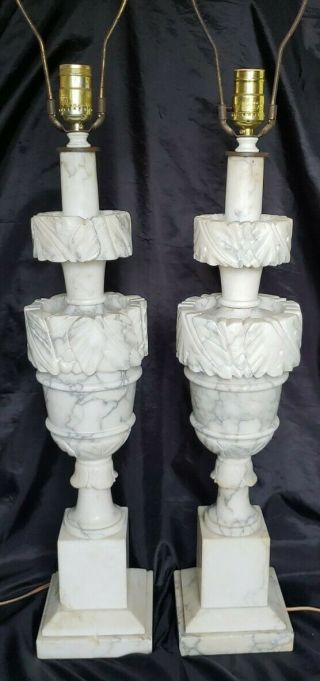 Vintage Pair Italian Alabaster Marble Neoclassical Hollywood Regency Heavy Lamps