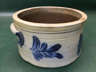 Antique Salt - Glazed Blue Floral Stoneware 2 Handles Crock Pot 3