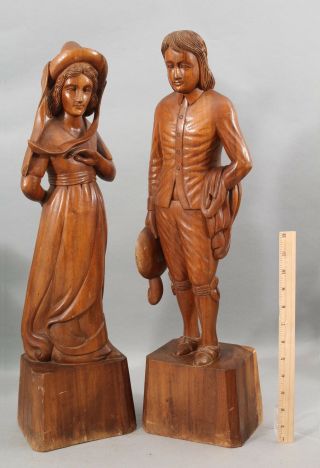 Early 20thc Antique 23in Folk Art Hand Carved Wood,  18thc Young Man & Woman