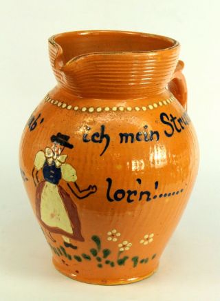 Antique Late 1800 ' s German Salt Glazed Redware Slipware Pitcher w.  Girl & Song 3