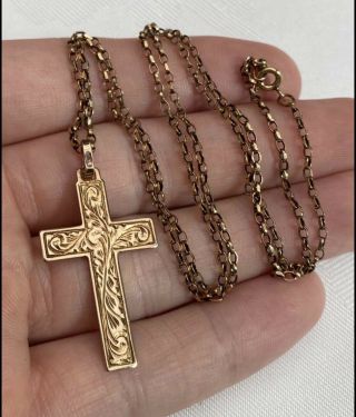 Vintage,  Solid 9k Gold Cross Pendant & 23” Belcher Chain 6.  0 Grams Not Scrap