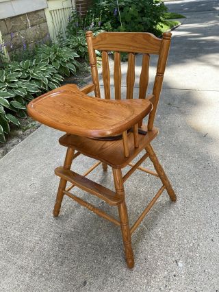 Sweet Vintage Medium Finish Oak Wooden Baby Feeding High Chair & Removable Tray